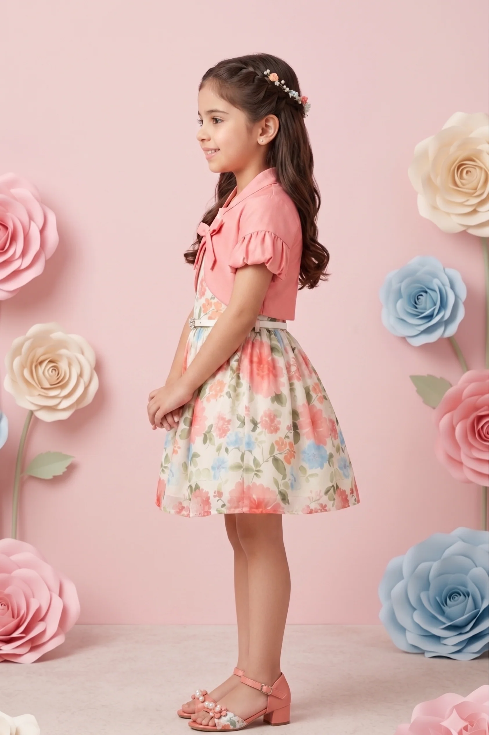 Stylish Layered Look Shrug & Floral Dress F576 - Image 3