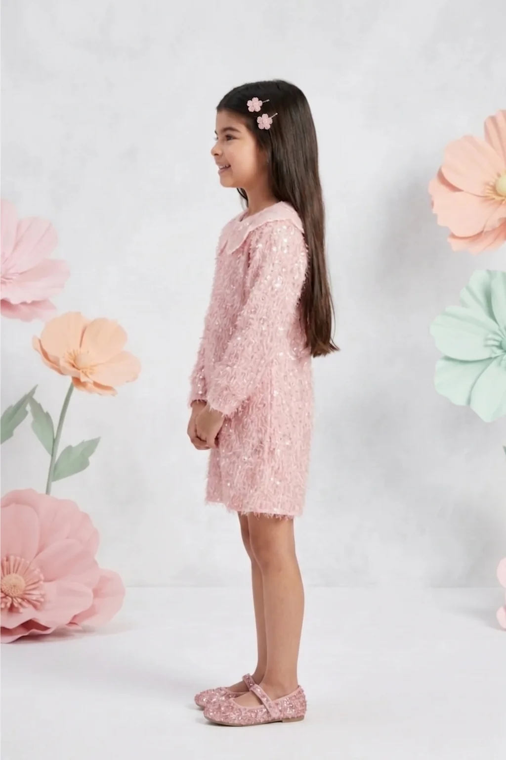 Textured Peach Dress with Embroidered Scallop Collar M2487 - Image 3