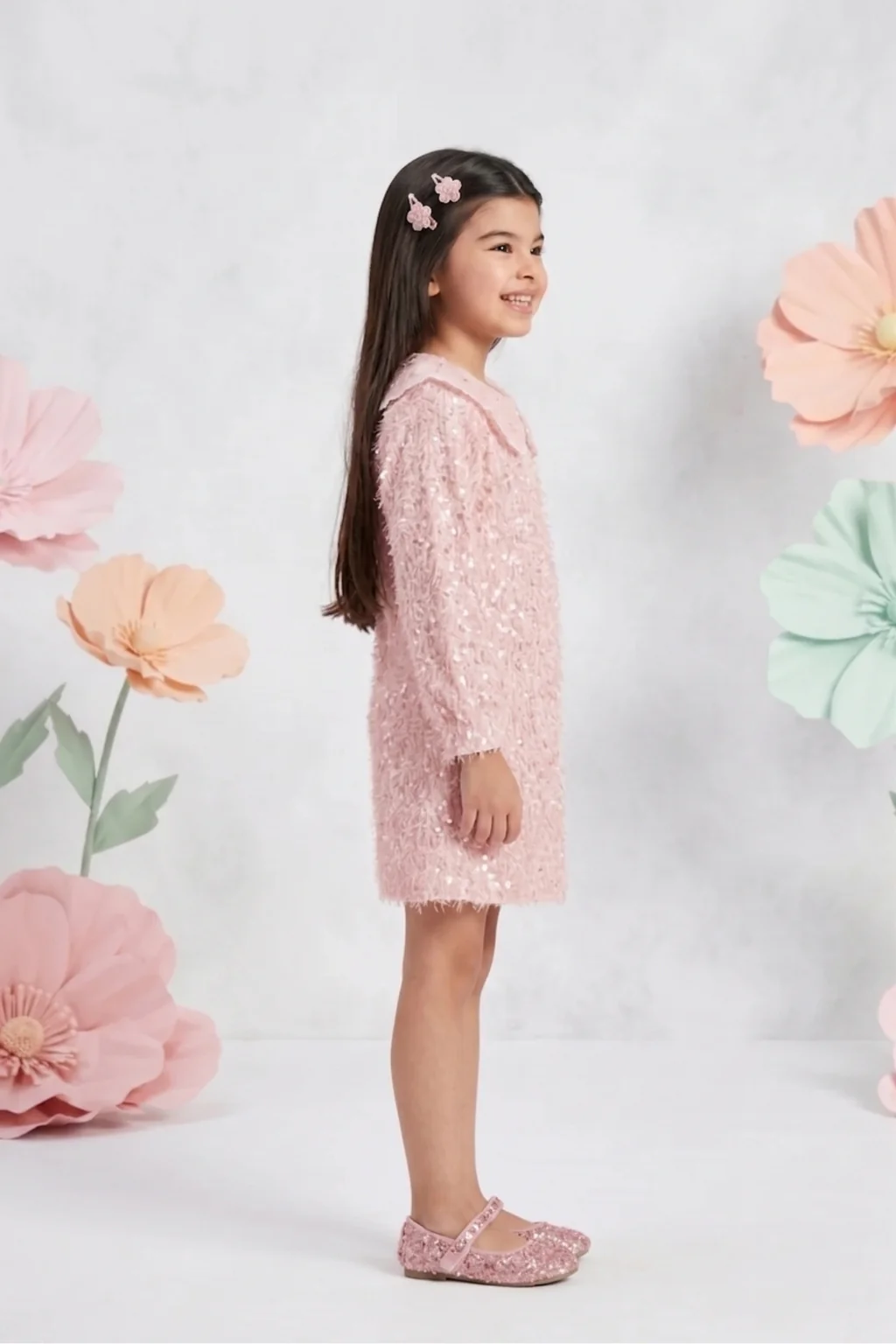 Textured Peach Dress with Embroidered Scallop Collar M2487 - Image 4