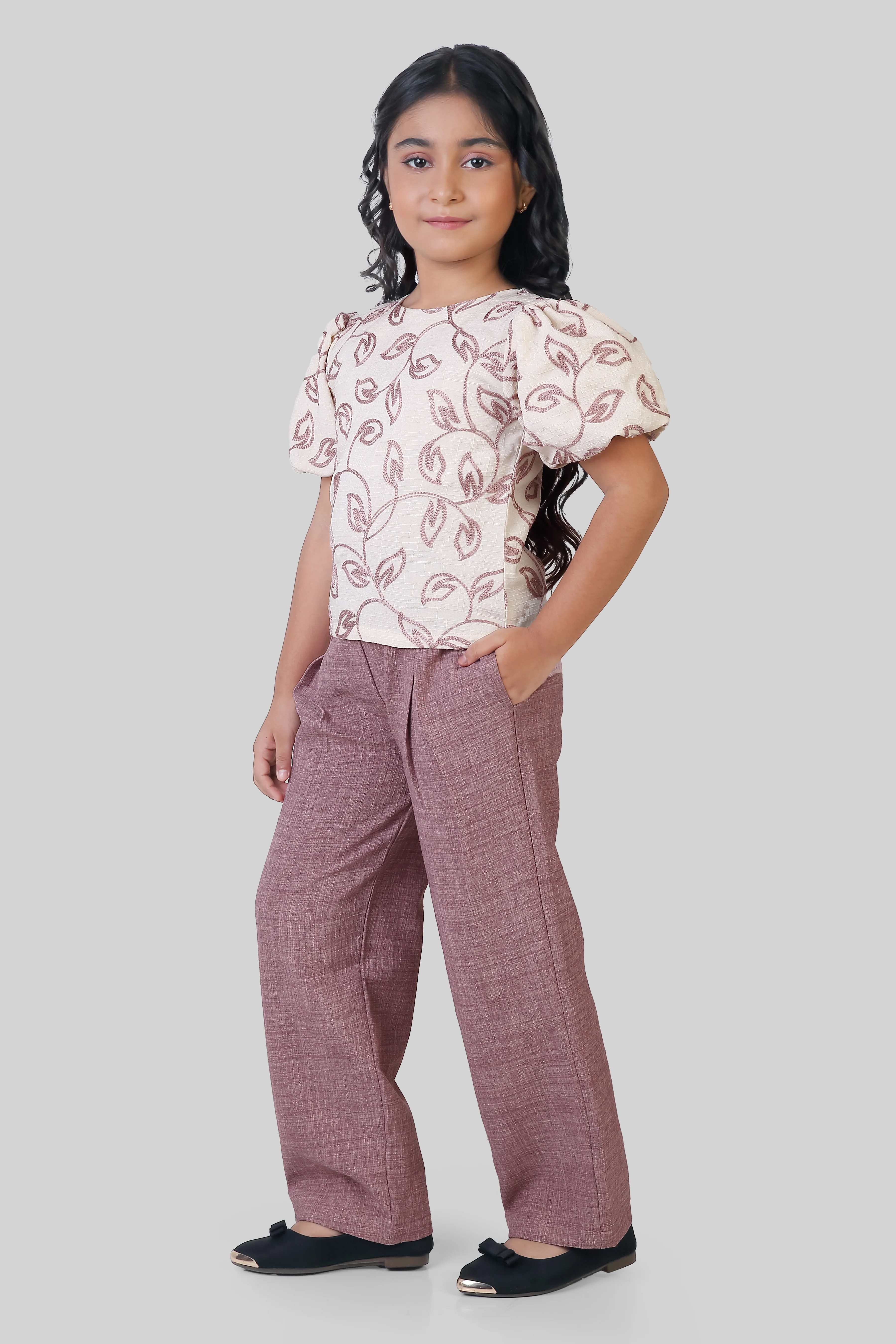 Mocha Leaf Puff Sleeve Co-Ord Set 3185 - Image 3