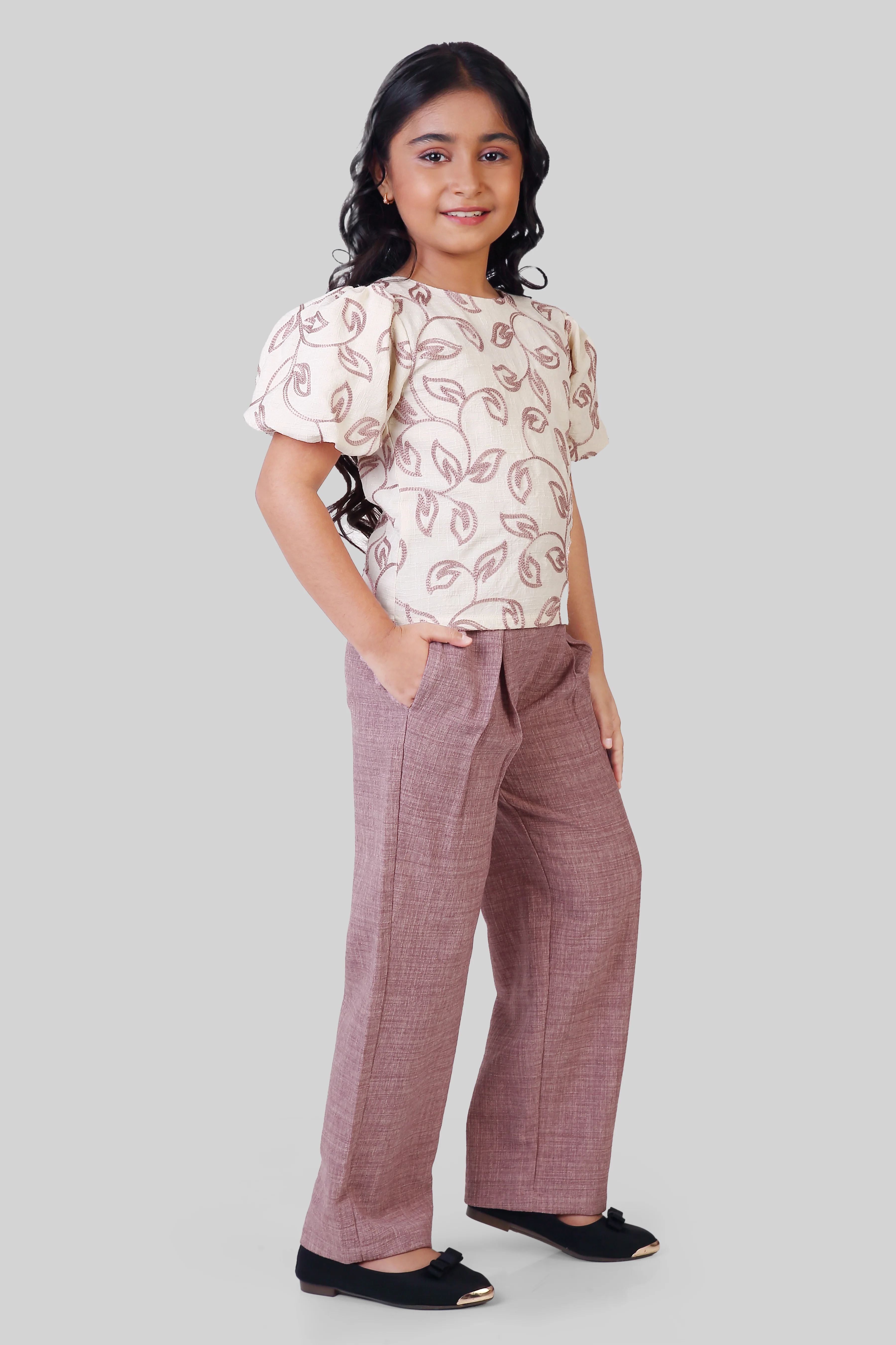 Mocha Leaf Puff Sleeve Co-Ord Set 3185 - Image 4