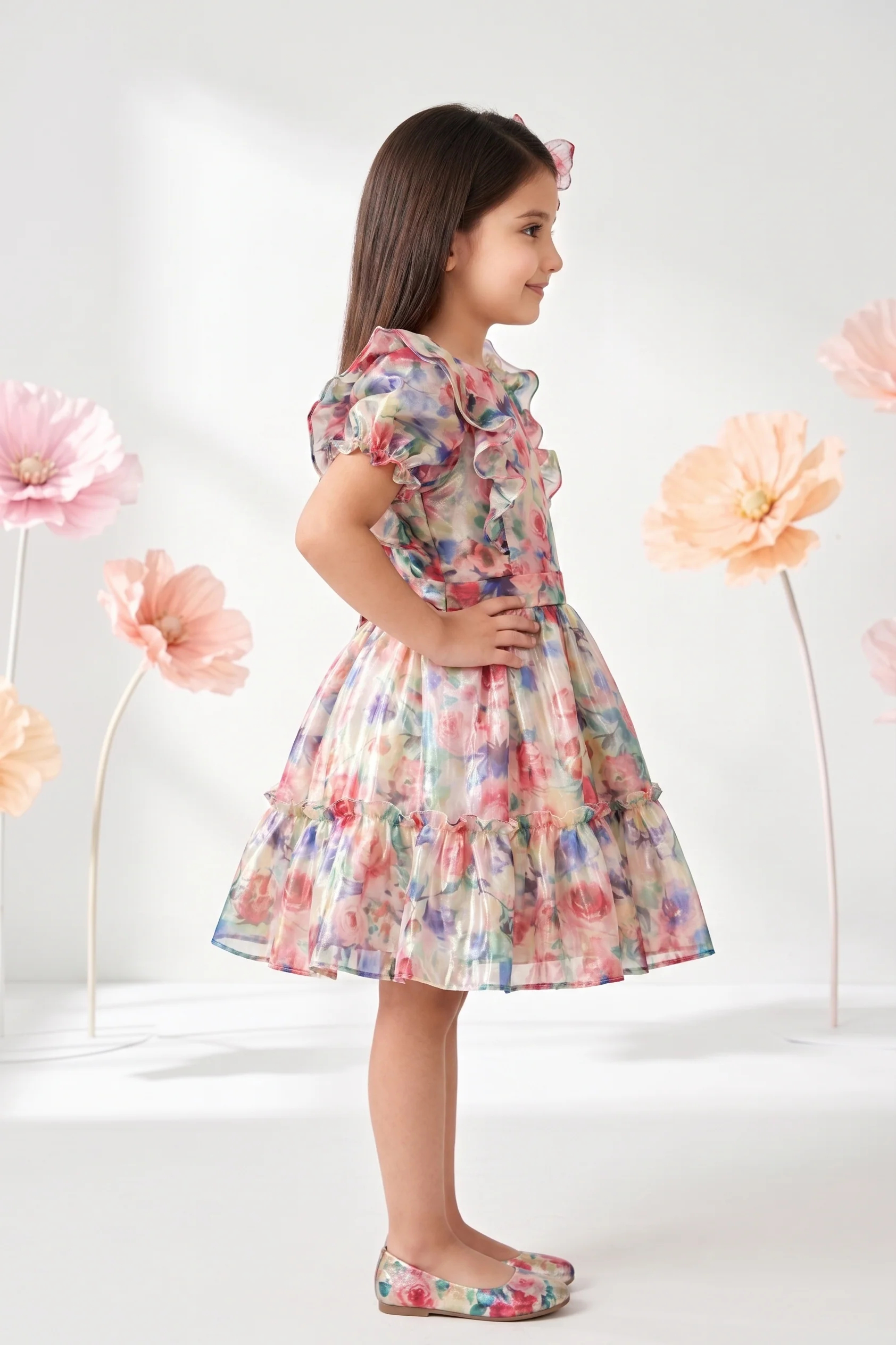 Vibrant White Floral Ruffle Sleeve Dress F572 - Image 3