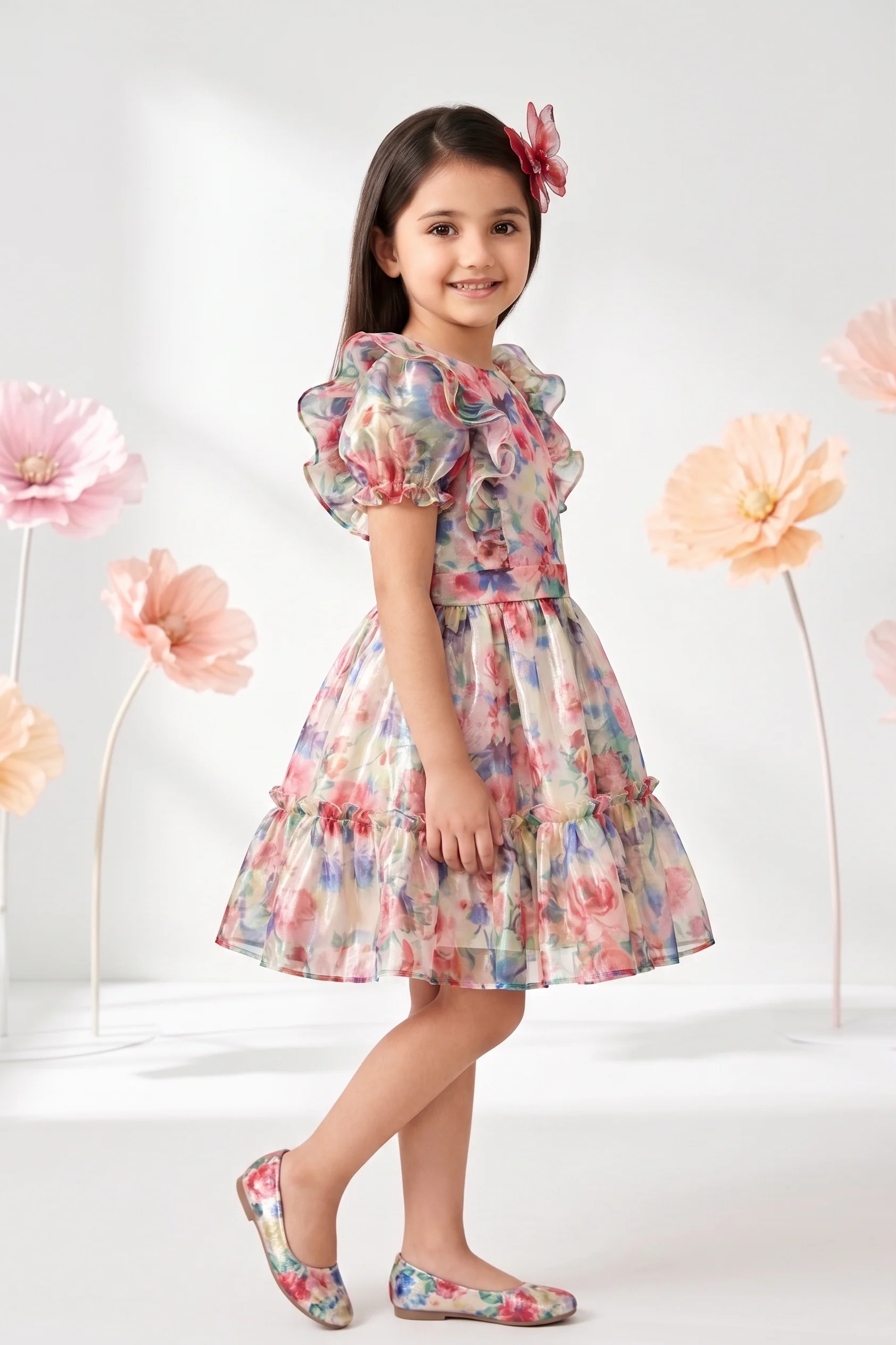 Vibrant White Floral Ruffle Sleeve Dress F572 - Image 4