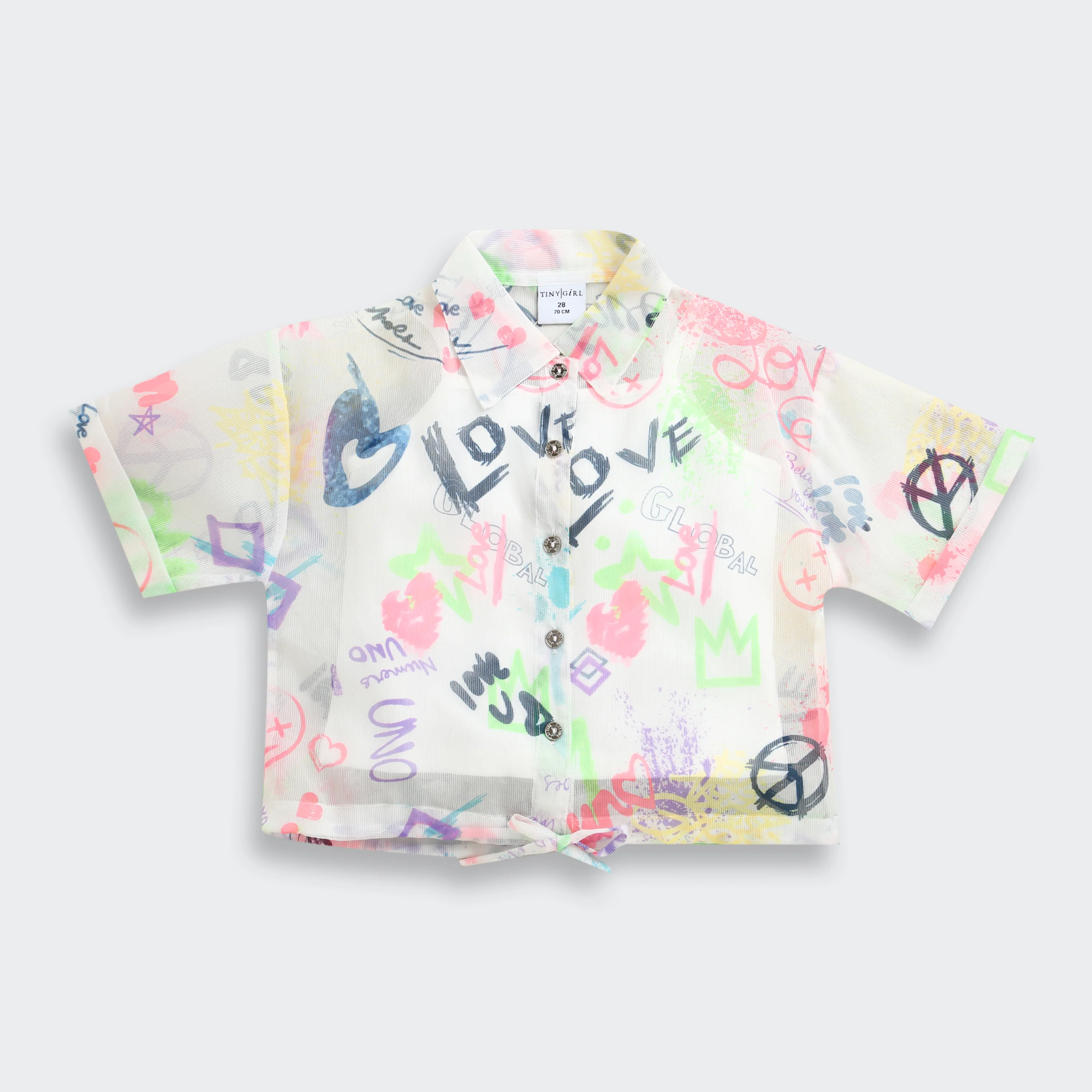 White Graphic Printed Mesh Shirt with Tie-Up Hem TG6384 - Image 5