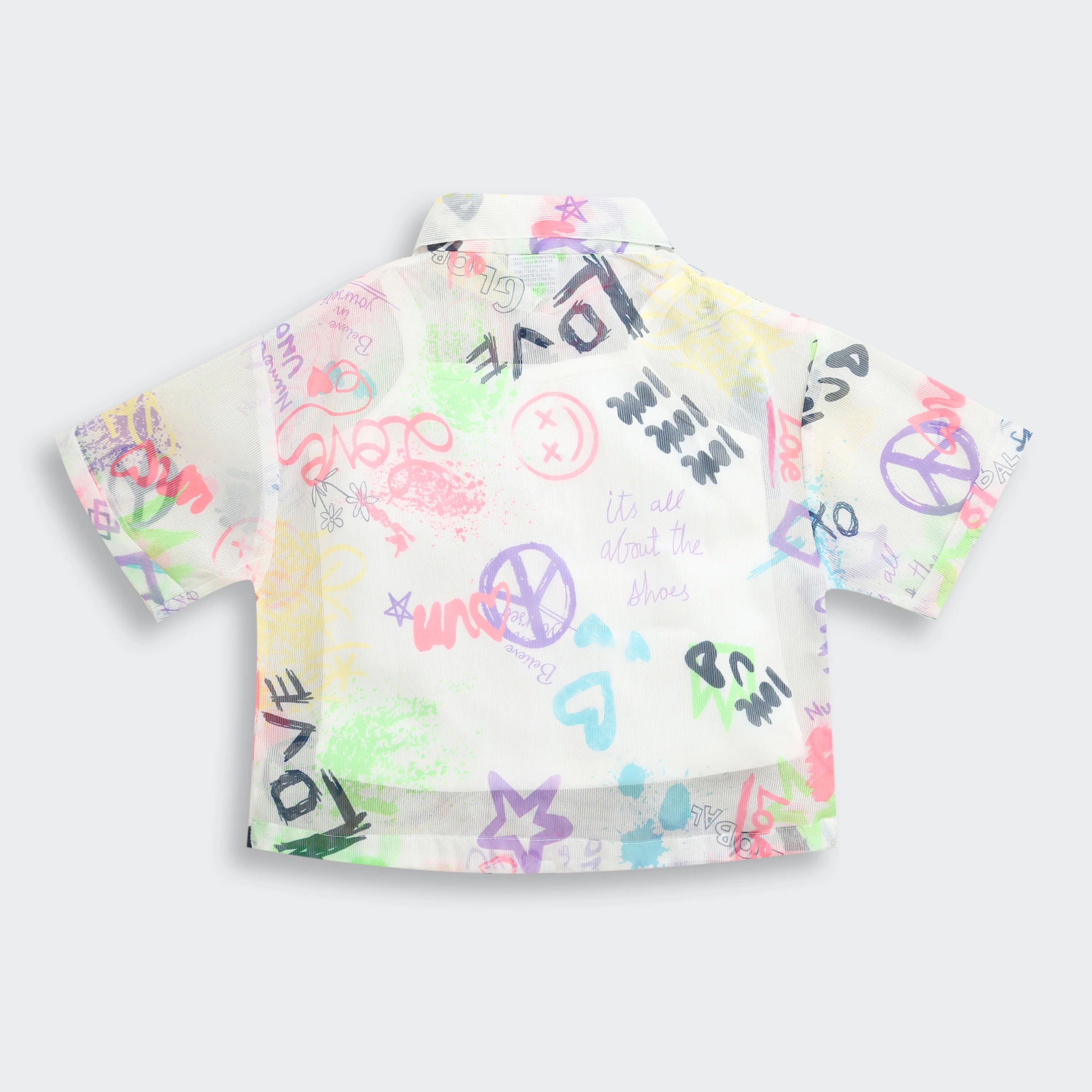 White Graphic Printed Mesh Shirt with Tie-Up Hem TG6384 - Image 6
