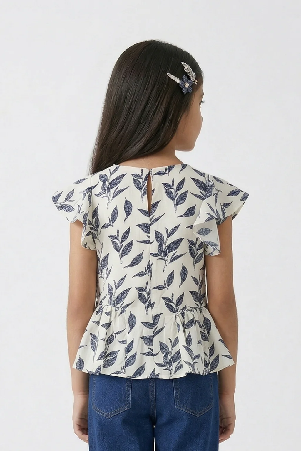 White & Navy Leaf Print Peplum Top TG5006 - Image 2