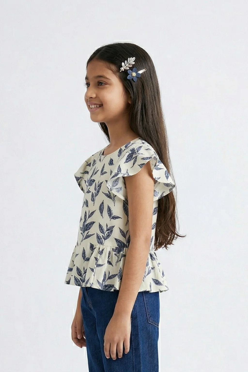 White & Navy Leaf Print Peplum Top TG5006 - Image 3