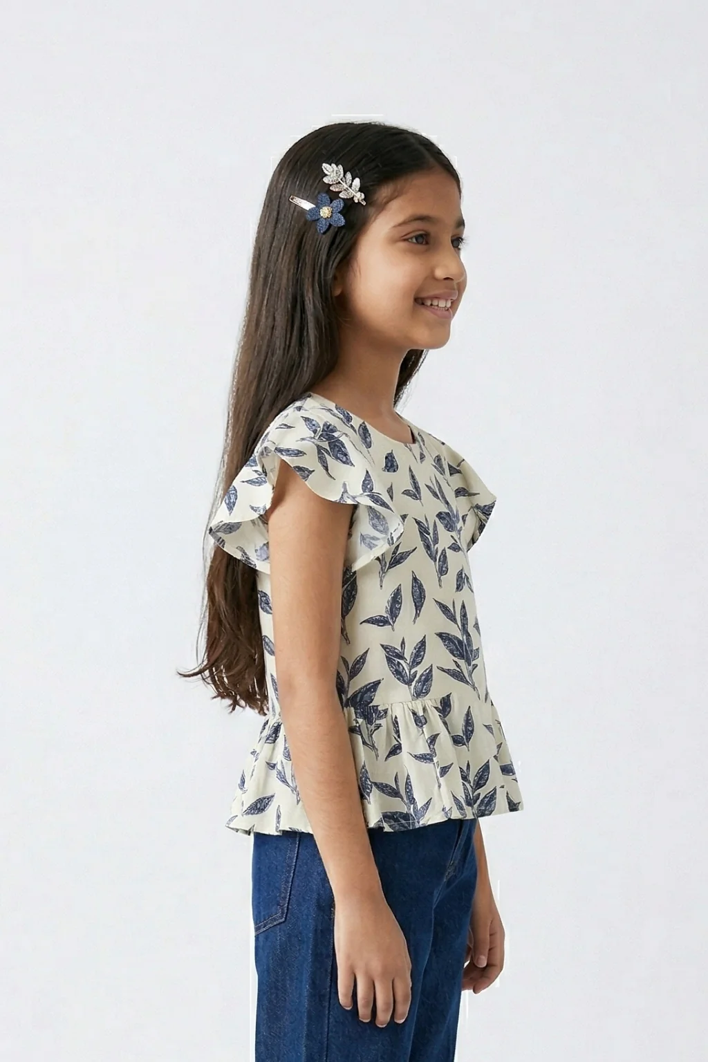 White & Navy Leaf Print Peplum Top TG5006 - Image 4
