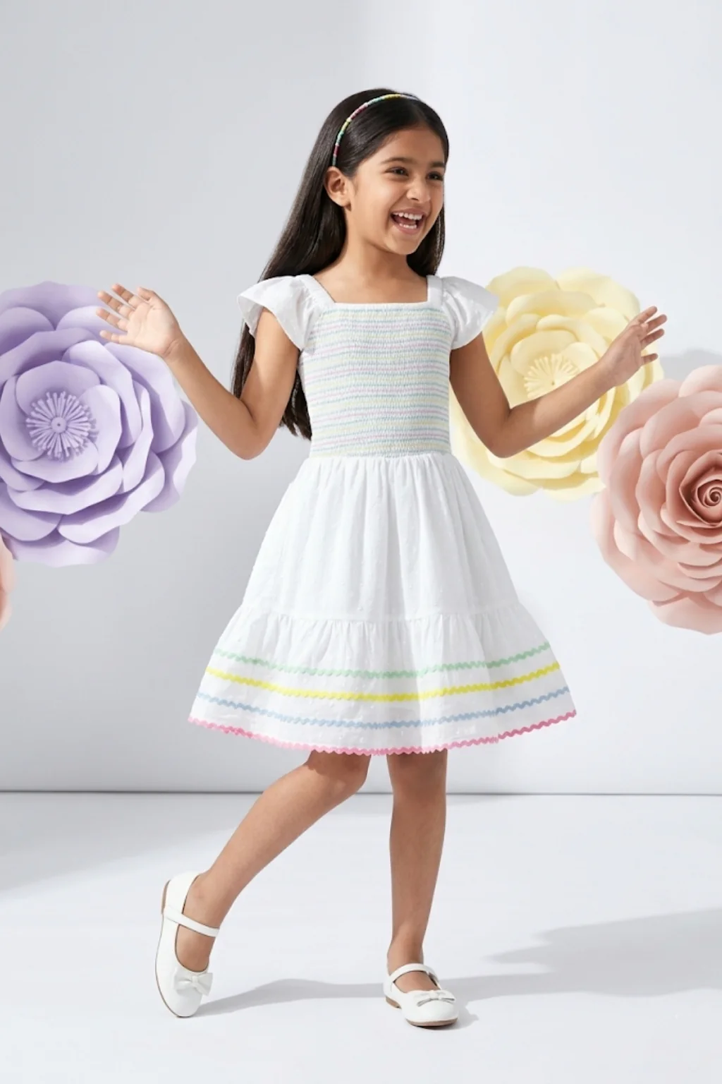 White Smocked Dress with Rainbow Trim M2290