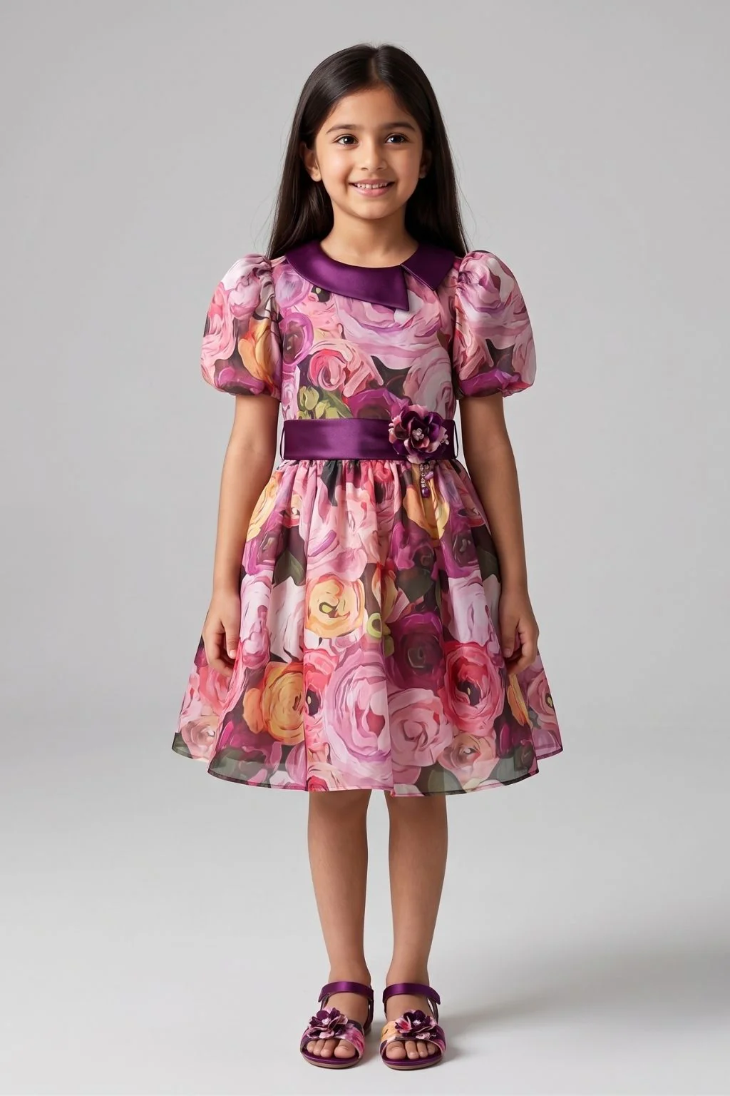 Wine Floral Printed Party Dress with Puff Sleeves & Satin Waistband F593