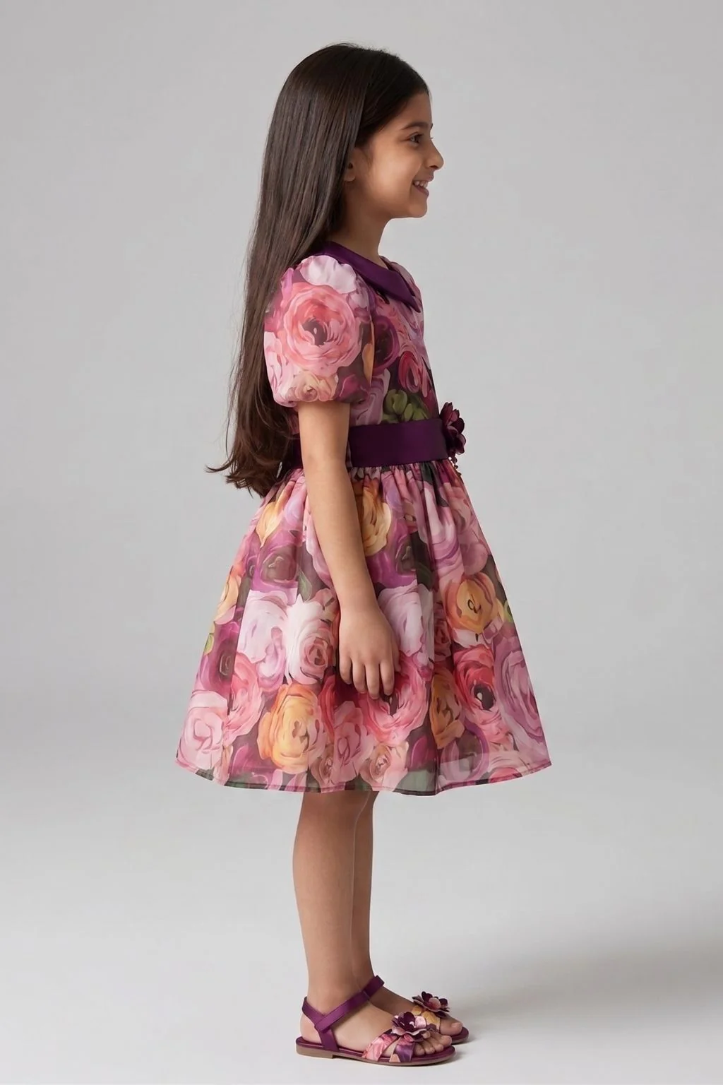 Wine Floral Printed Party Dress with Puff Sleeves & Satin Waistband F593 - Image 3