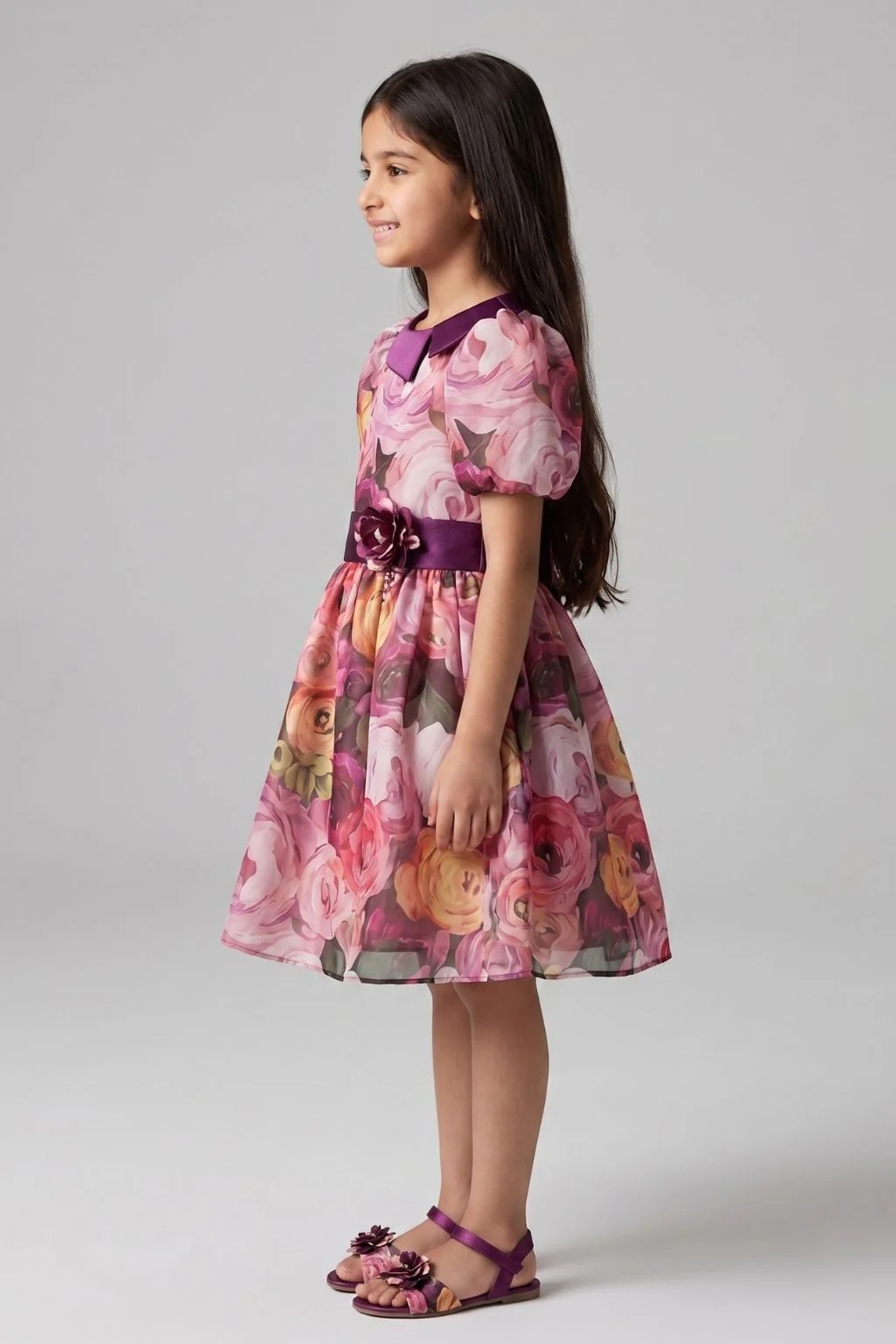 Wine Floral Printed Party Dress with Puff Sleeves & Satin Waistband F593 - Image 4