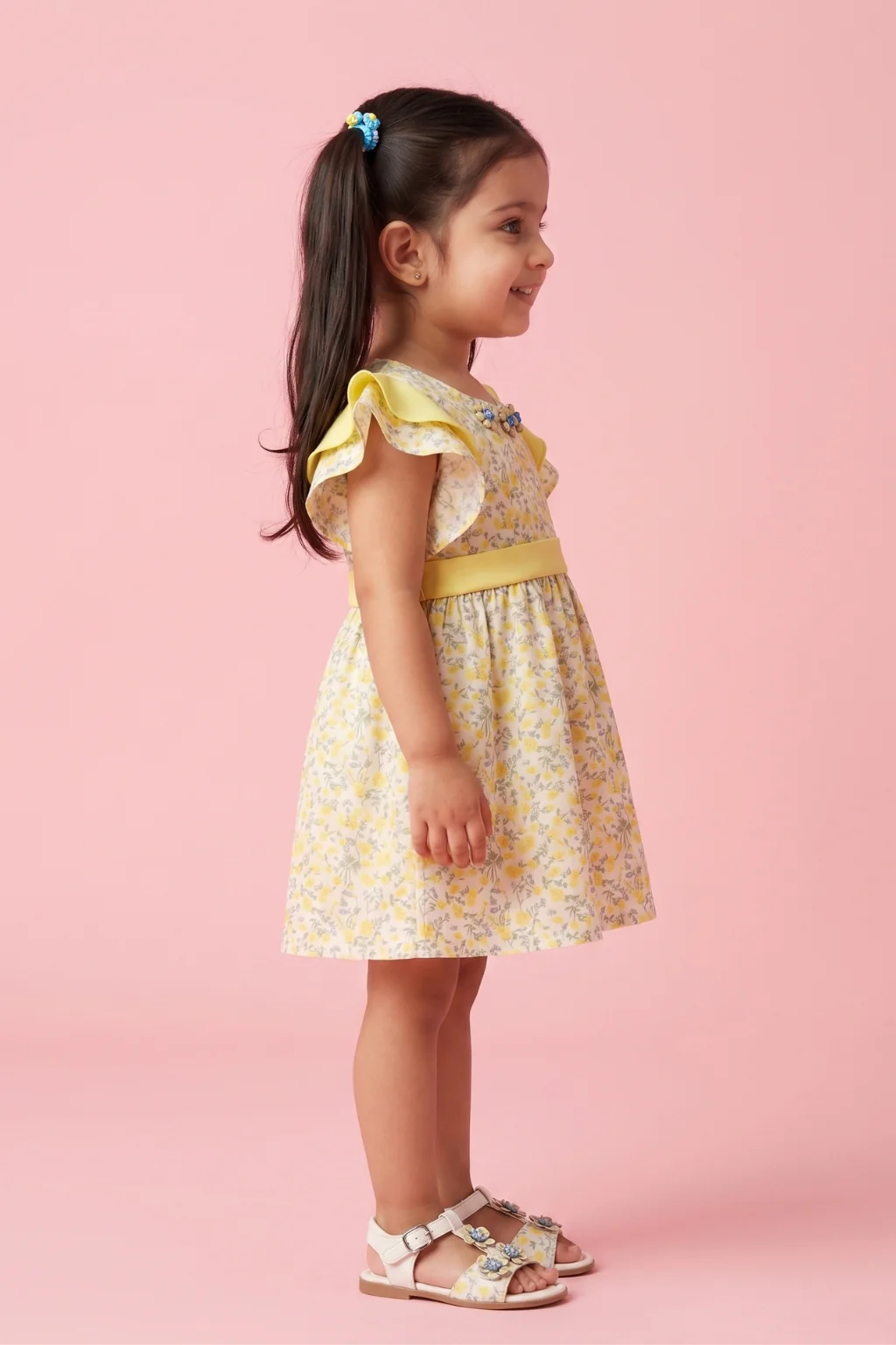 Yellow Floral Flutter Sleeve Dress TSIM041 - Image 3