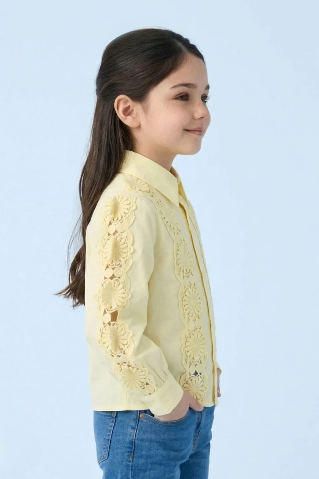 Yellow Floral Lace Panel Shirt TG6500 - Image 4
