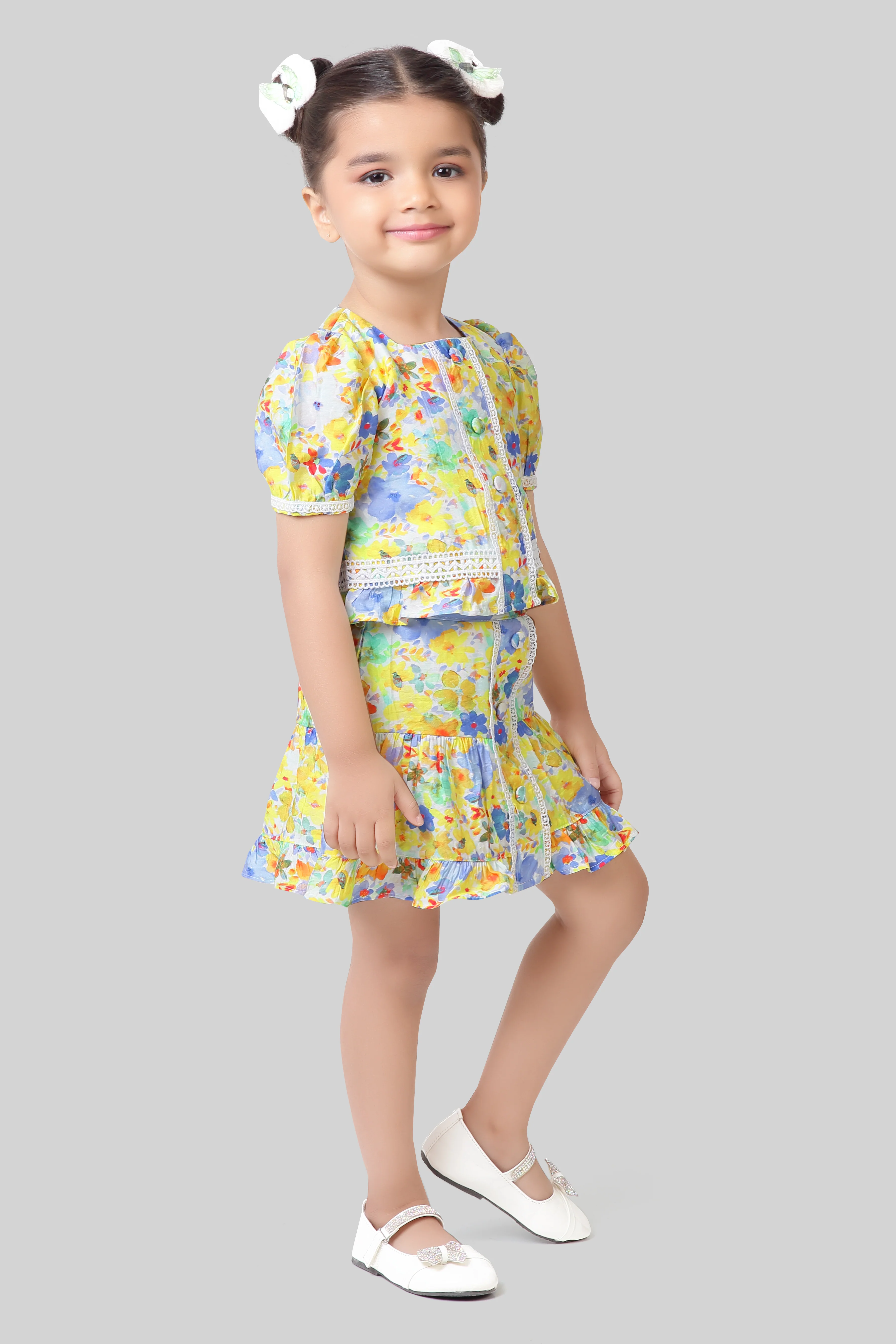 Yellow Floral Peplum Top & Skirt Set TSSET40499 - Image 6