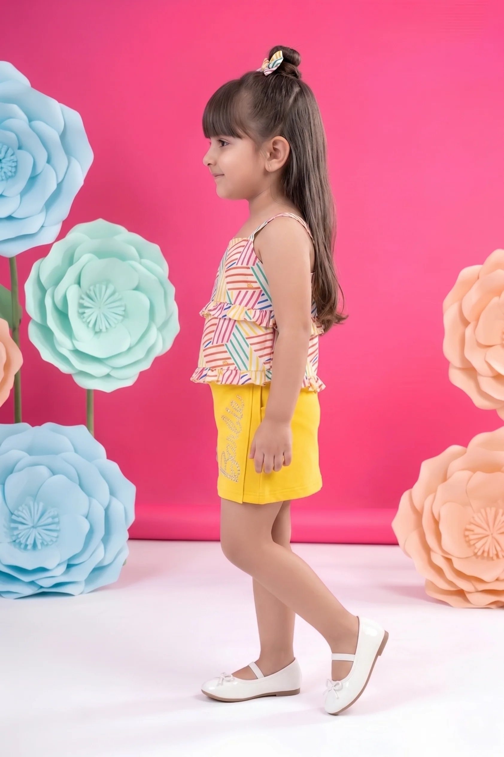 Yellow Skirt & Printed Ruffle Top Set BASET324 - Image 3